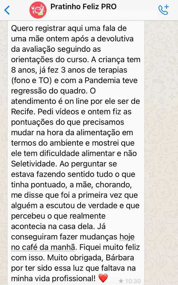Relato de aluna no grupo da turma sobre a devolutiva de avaliação a uma mãe