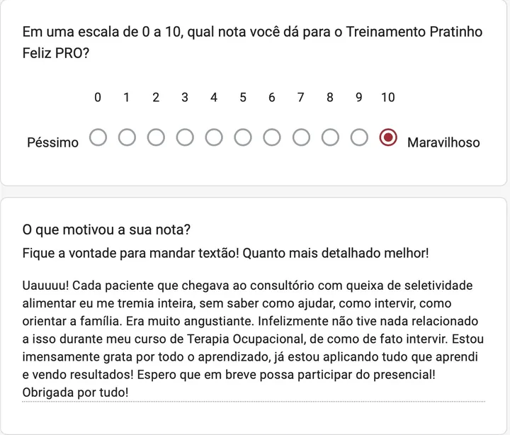Resposta de pesquisa: nota 10 e relato sobre insegurança antes do curso