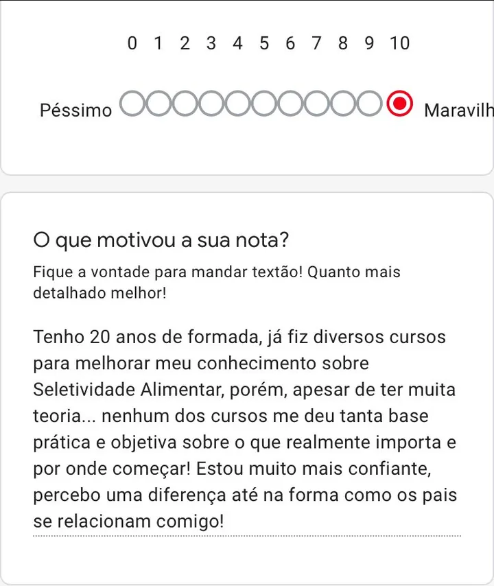 Resposta de pesquisa de aluna com 20 anos de formada